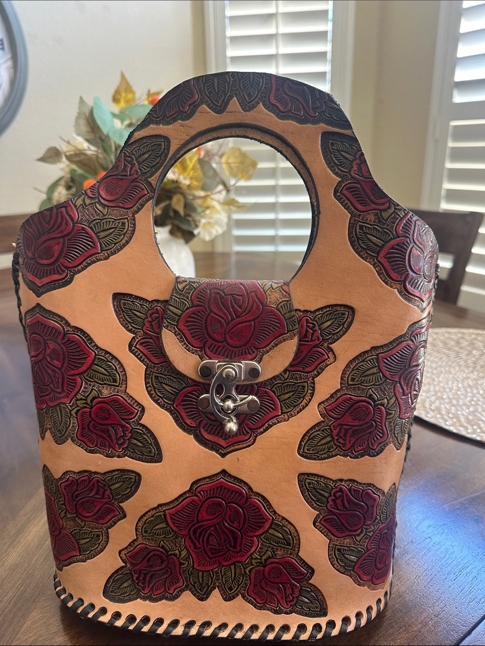 Handcrafted Leather Women’s Tote with Red Rose Embossing
